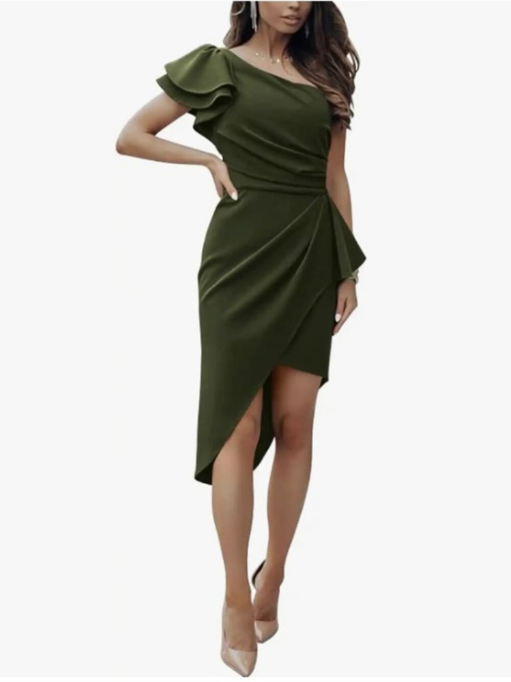 Green midi one shoulder cocktail dress